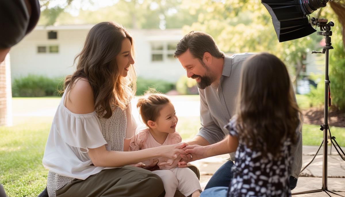 A behind-the-scenes look at a family photoshoot in Houston, showing the photographer interacting with the family, creating a comfortable and enjoyable atmosphere.