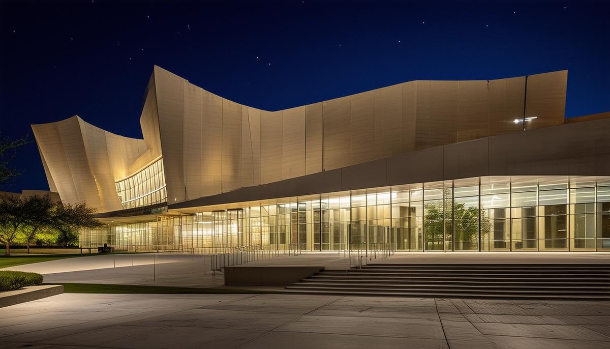 The exterior of the Houston Museum of African American Culture at night, with the building's unique architecture illuminated by strategic lighting. The image showcases the clean lines and modern design of the museum, with a focus on the interplay of light and shadow.