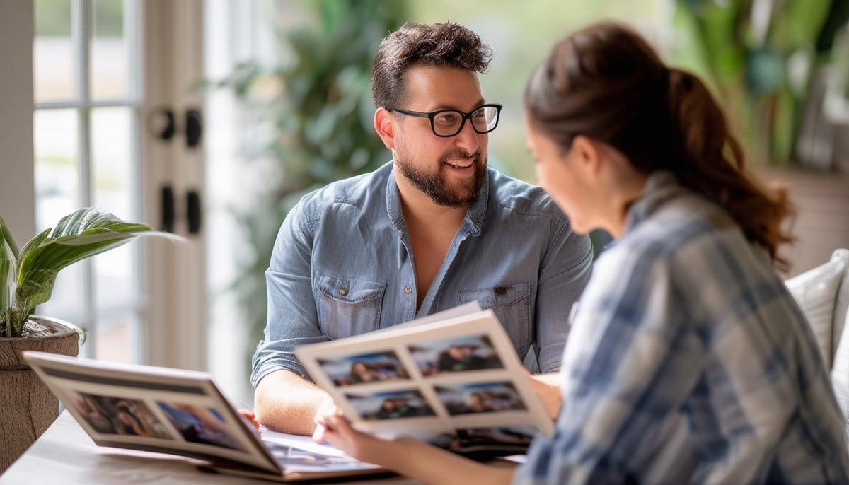 A Houston portrait photographer sitting with a client, discussing ideas and looking at a portfolio of sample images. They both appear engaged and excited about planning the upcoming photo session.