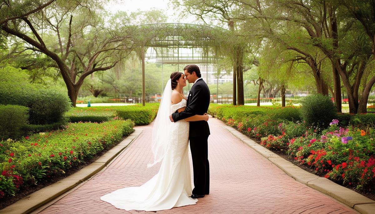 A montage of Houston's diverse wedding photography locations, featuring natural settings like gardens and parks, architectural wonders, and artistic urban spaces.