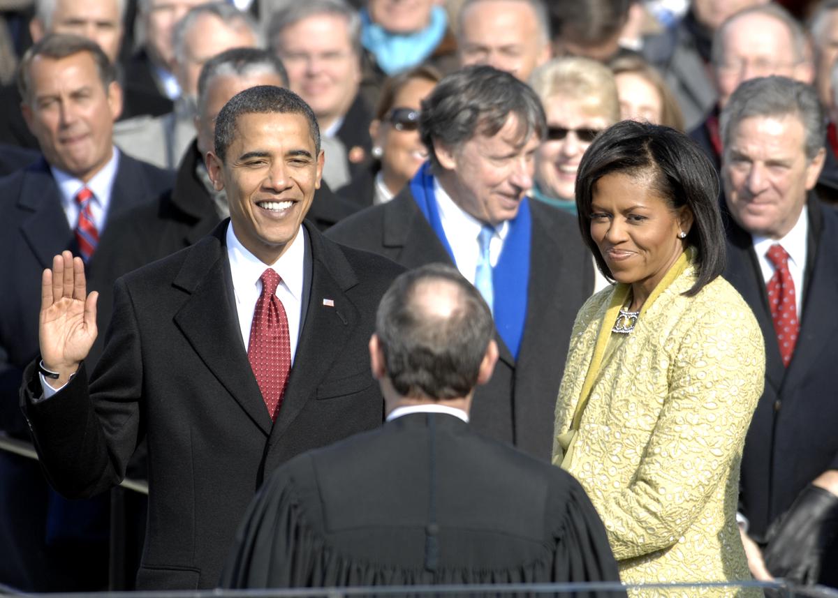 A collection of iconic inauguration photographs from different eras, showcasing presidents like FDR, JFK, and Obama