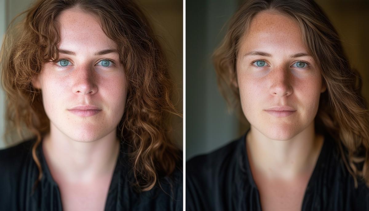 A split-screen image showing the before and after impact of quality portrait photography on a person's appearance and confidence