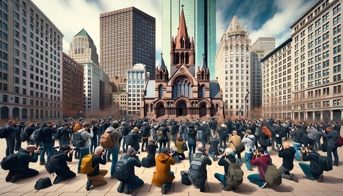 Photographers capturing the blend of old and new architecture in Boston's Copley Square during an in-the-field workshop