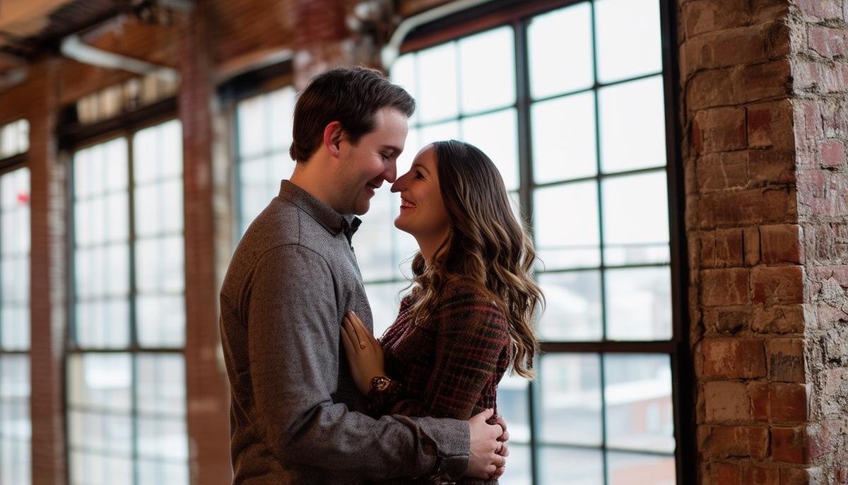 A couple posing for an engagement photo inside the Mill City Museum with exposed brick and large windows