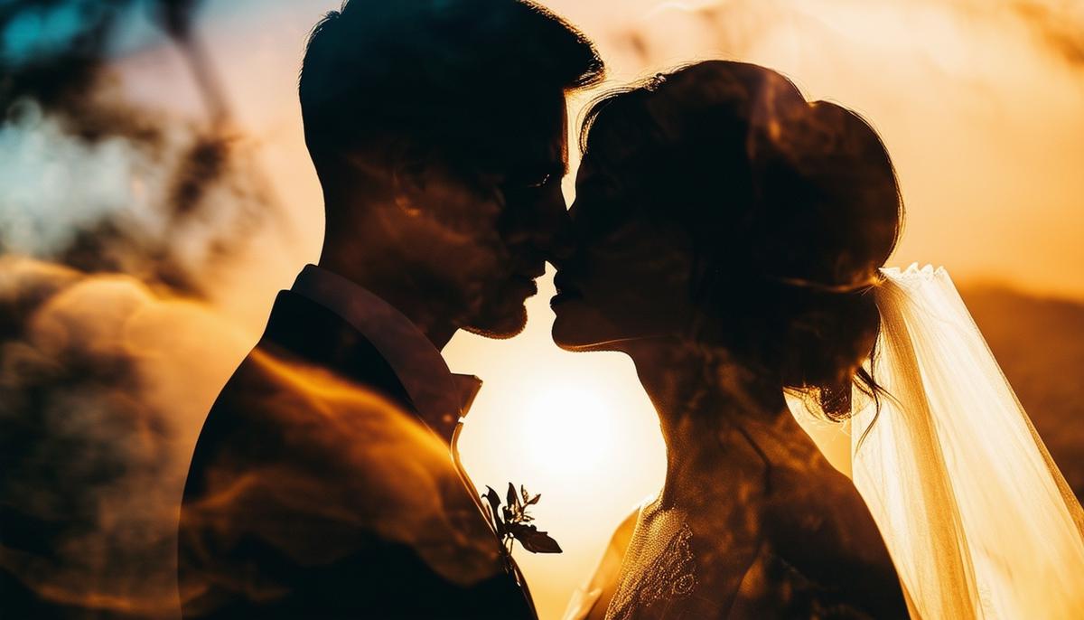 A creative wedding photograph showcasing modern techniques like double exposure and unique lighting