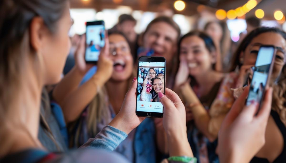 A group of event attendees excitedly viewing and sharing photos on their smartphones, showcasing the convenience and engagement provided by the SpotMyPhotos platform for instant photo delivery.