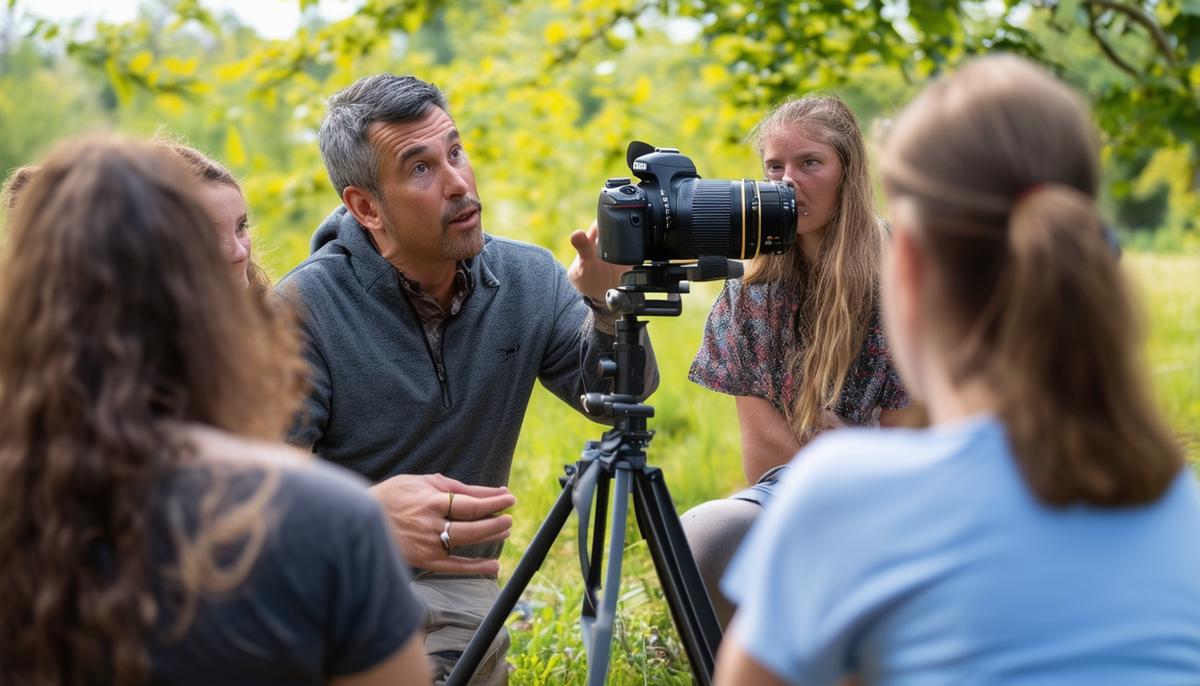 An experienced photography instructor explaining techniques to a small group of attentive students in an outdoor setting