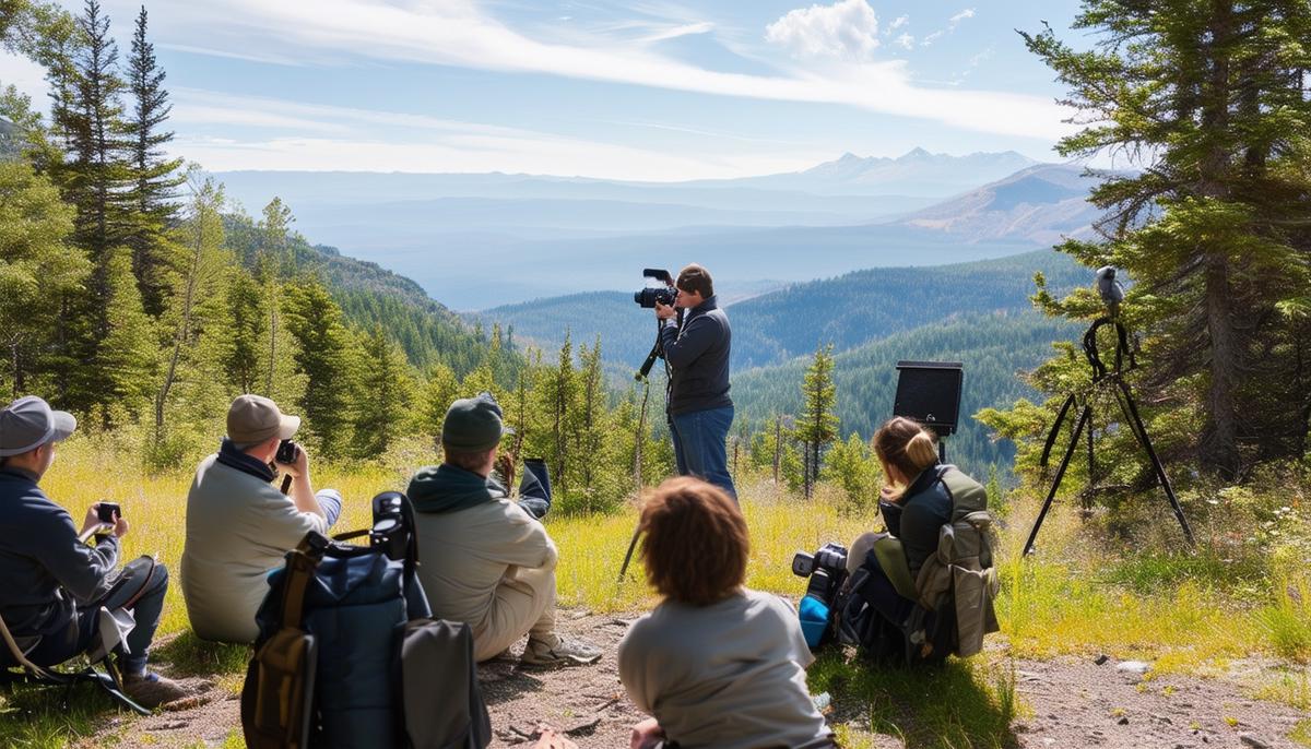 An instructor teaching outdoor photography techniques to a small group in a scenic natural setting