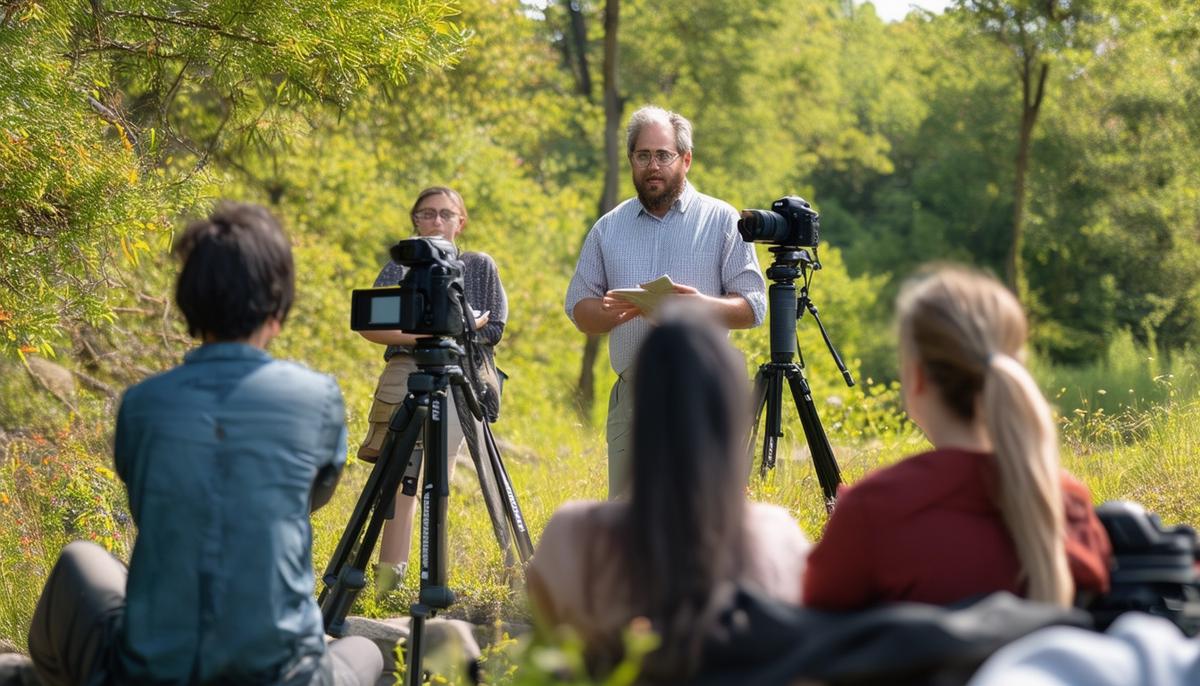 An instructor teaching a small group of photographers in an outdoor setting with cameras and tripods