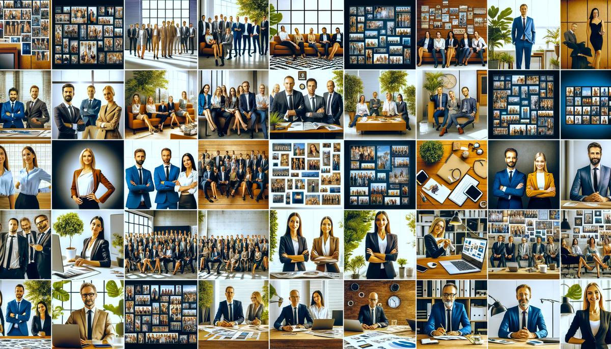 A collage showcasing examples of how to integrate corporate team photos into various branding materials, such as websites, social media posts, press releases, and office decor