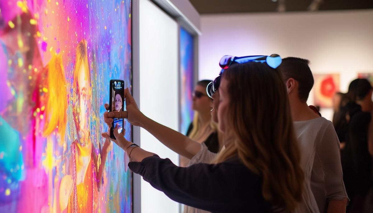 An interactive photo booth at a Washington, DC art event, with attendees engaging with augmented reality elements