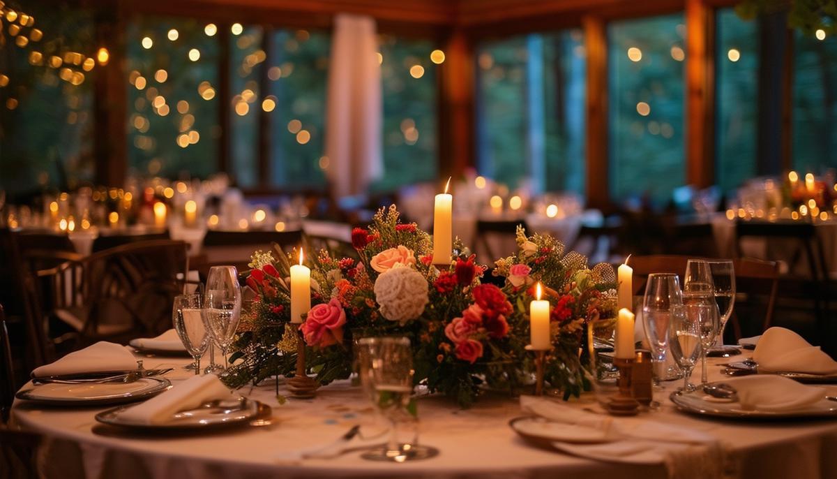 A cozy restaurant in Eureka Springs set up for an intimate wedding reception, with candle-lit tables and floral centerpieces
