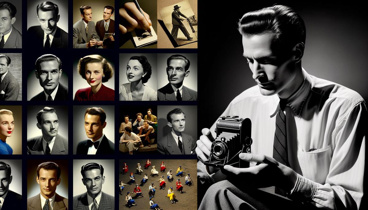 An image showcasing the breadth and depth of Irving Penn's photographic career, featuring a selection of his most iconic works across different genres. The composition includes his fashion photography for Vogue, celebrity portraits with their stripped-down grace, and still-life images that juxtapose beauty and decay. Penn himself is shown in a contemplative moment, reflecting on his extensive body of work.