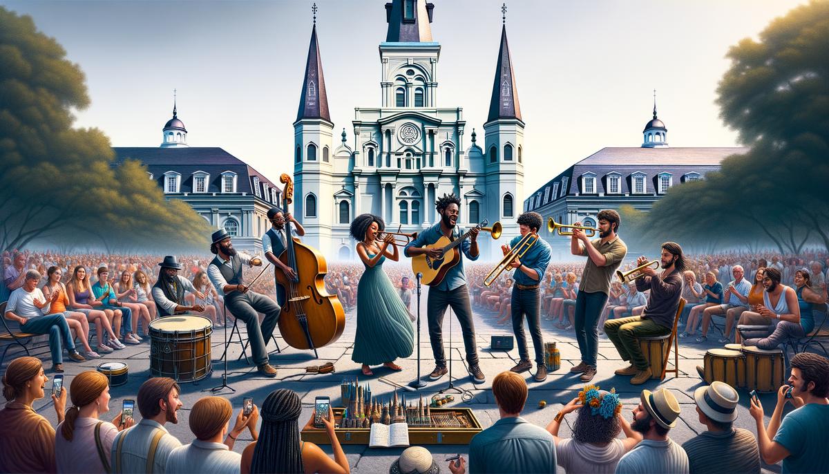 Street musicians performing in front of Jackson Square in New Orleans