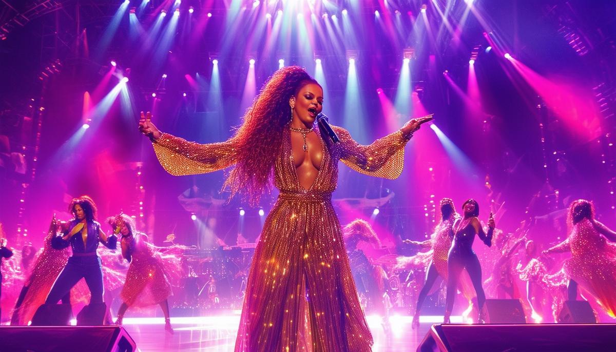 Janet Jackson performing on stage at the Essence Festival, surrounded by dancers and an elaborate light show