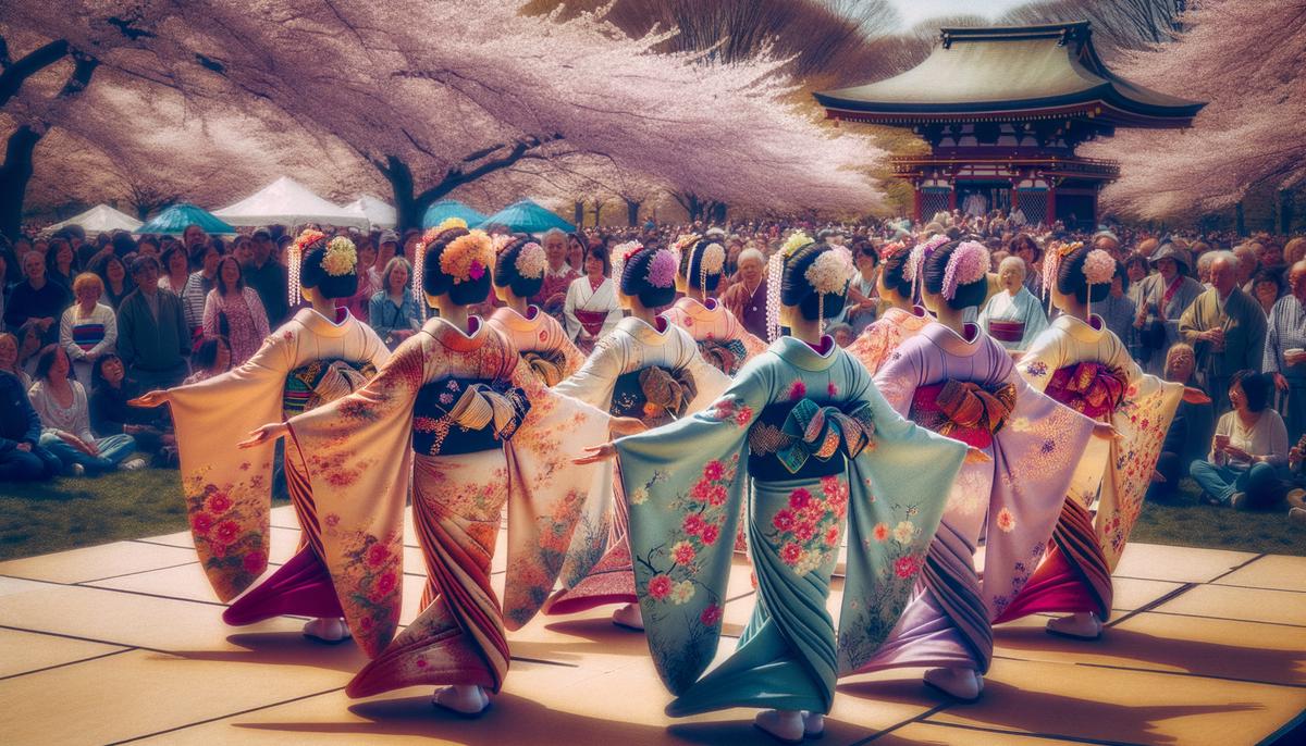 Women in colorful kimonos performing a traditional Japanese dance at the Japan Festival in Boston Common