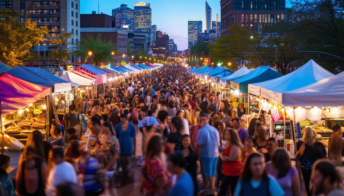 The lively and colorful Jersey City Night Market with food stalls and a joyful crowd.