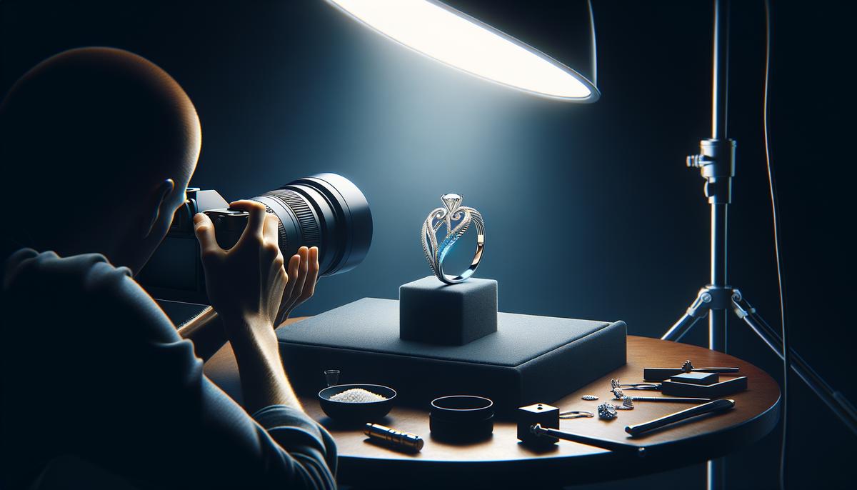 A close-up shot of a piece of jewelry being photographed on a tabletop setup with professional lighting