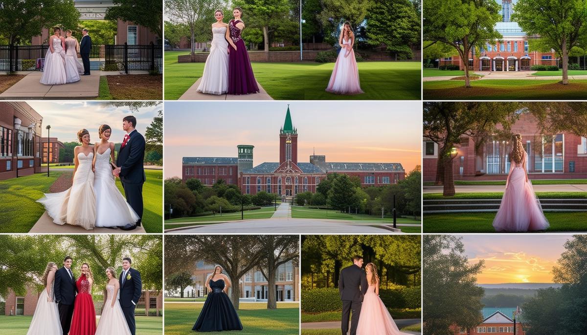 A montage of popular prom photo locations in Jonesboro, AR, including Craighead Forest Park, Arkansas State University campus, and downtown Jonesboro