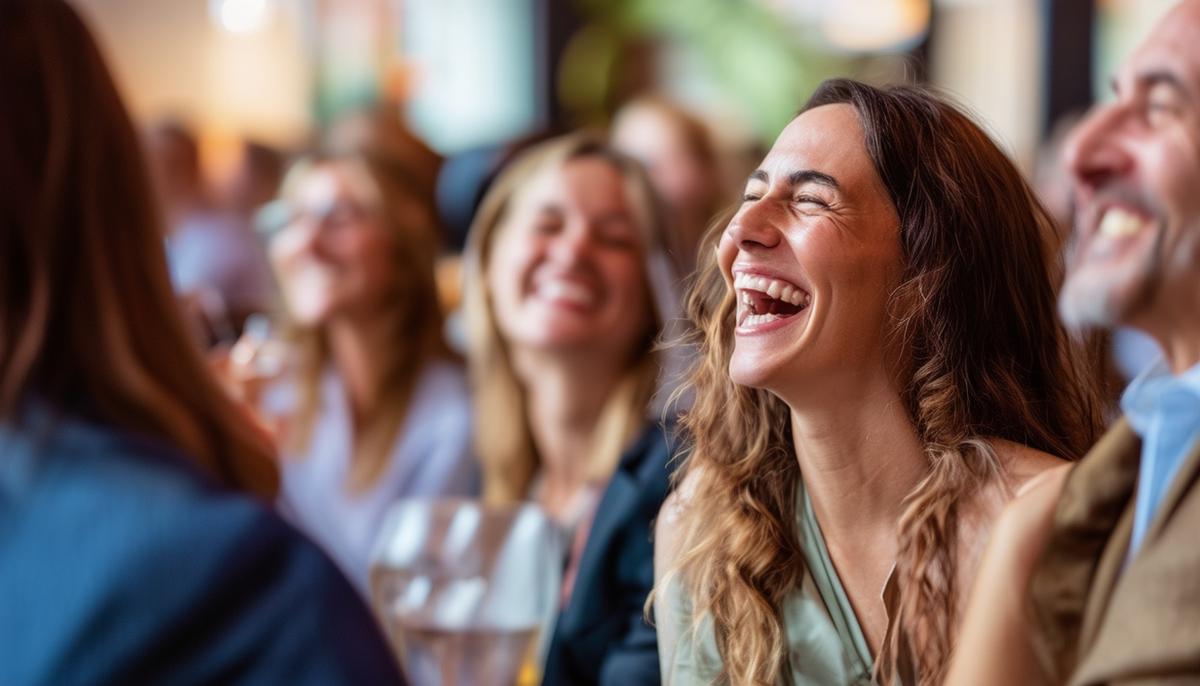 Joyful attendees smiling, laughing and connecting at a successful corporate event, showcasing the emotional value of the experience.