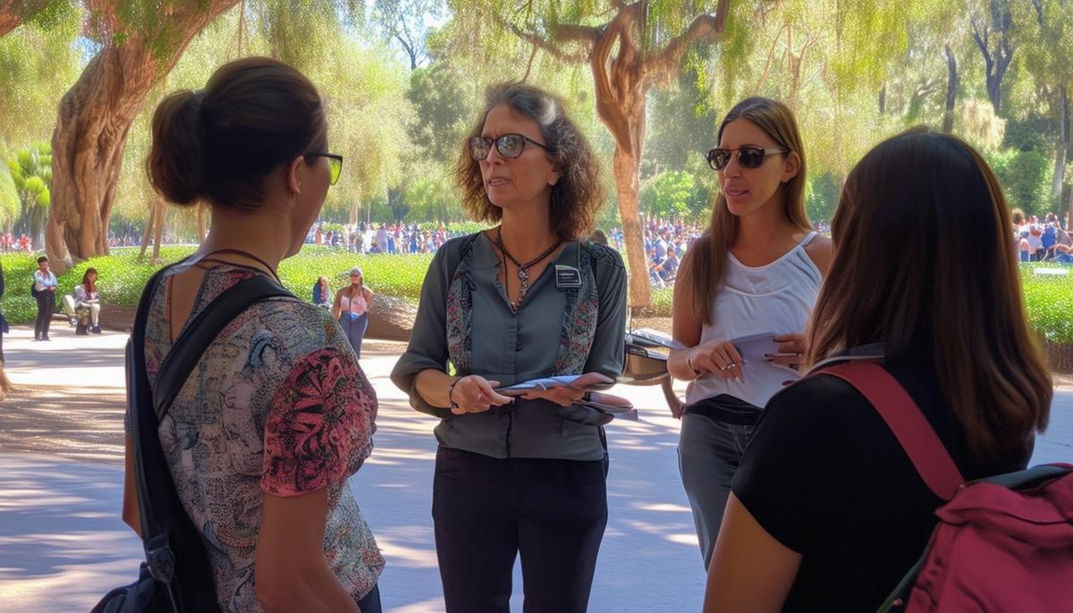 Julie Kremen, a professional photographer and tour guide, instructing a small group in Balboa Park