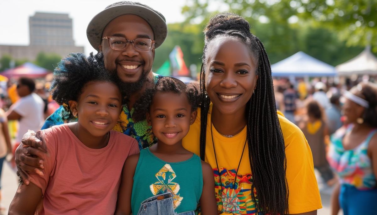 A family posing for a photograph during a vibrant Juneteenth celebration in Minneapolis, with festive activities in the background