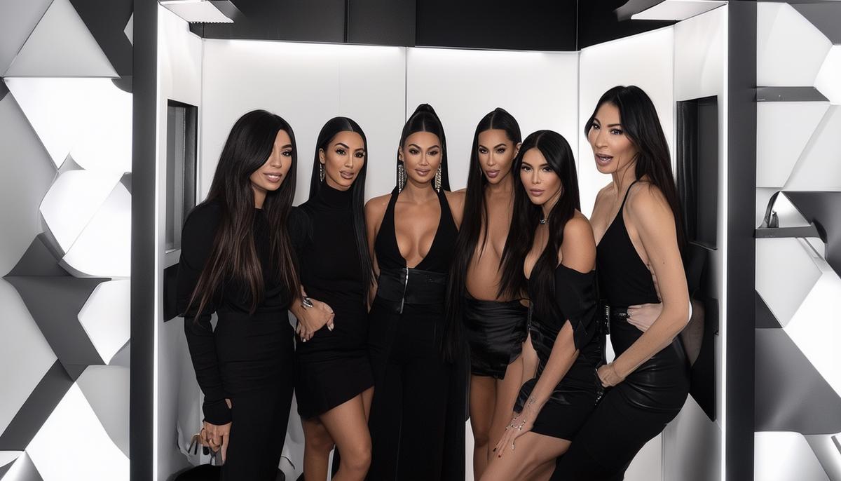 A sleek, black-and-white Kardashian-style glam booth with guests posing inside