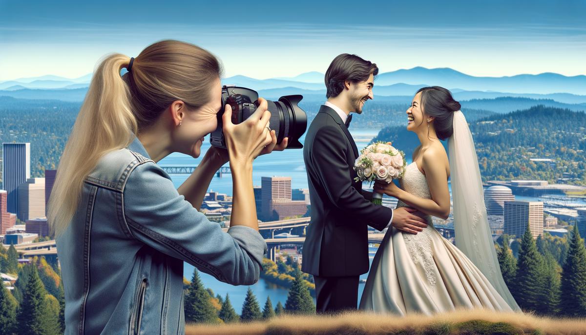 Kelly, a Portland wedding photographer, capturing a candid moment between a bride and groom with Portland's landscape in the background