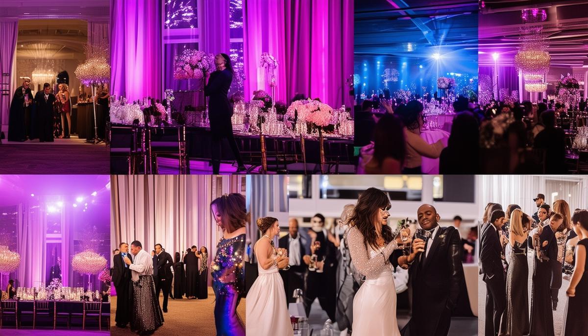 A collage showcasing the key elements of successful gala photography, including capturing candid moments, mastering lighting, focusing on details, and utilizing the best technical skills and equipment.