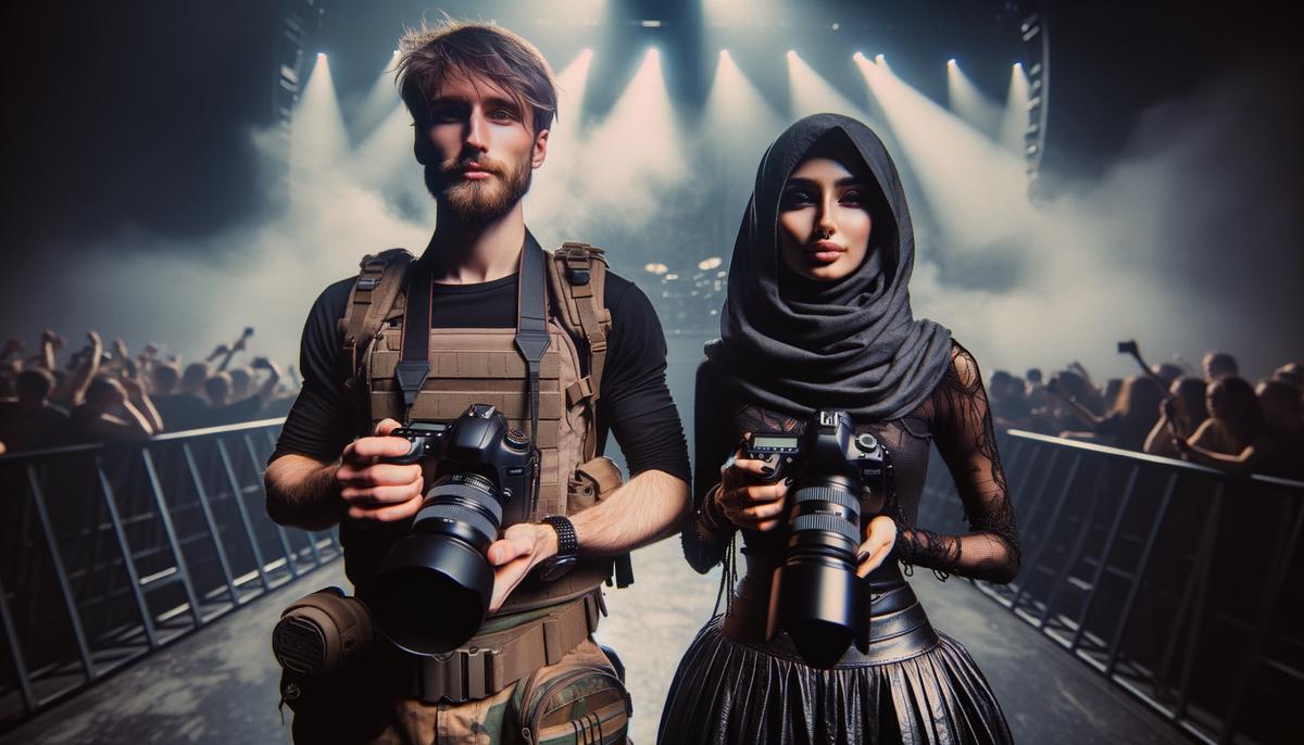 Two concert photographers, J. Pinky and BLACKPRINTS (Nesrin), standing with their cameras at a music venue