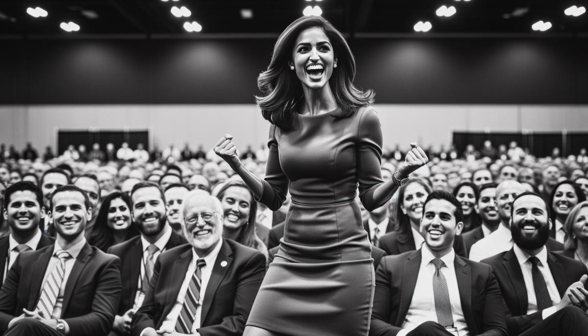 Enthusiastic keynote speaker addressing an engaged audience at a Tampa trade show
