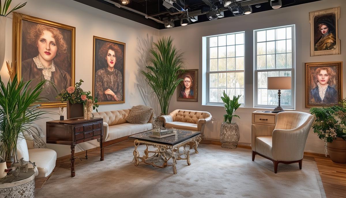 Interior of Kim Jew Fine Art Portrait studio showcasing elegant decor and sample portraits