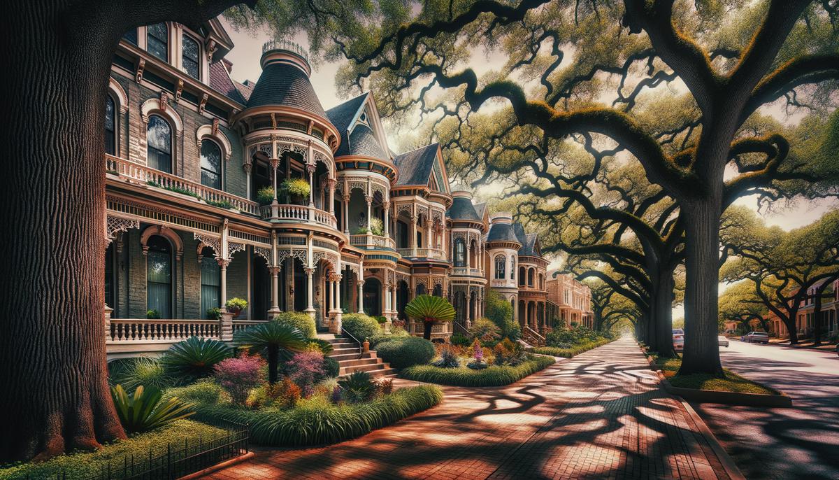 A charming street in the King William Historic District, lined with grand Victorian-style homes, lush gardens, and towering oak trees.
