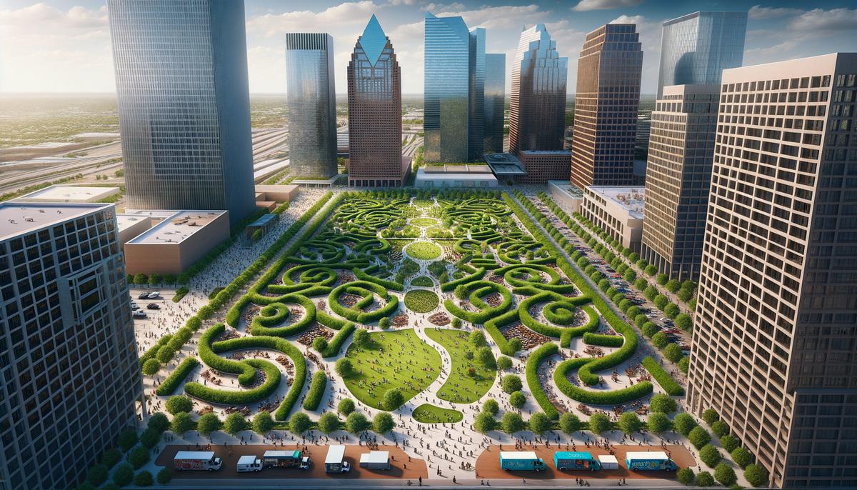 Aerial view of Klyde Warren Park showing green spaces, walkways, and surrounding skyscrapers