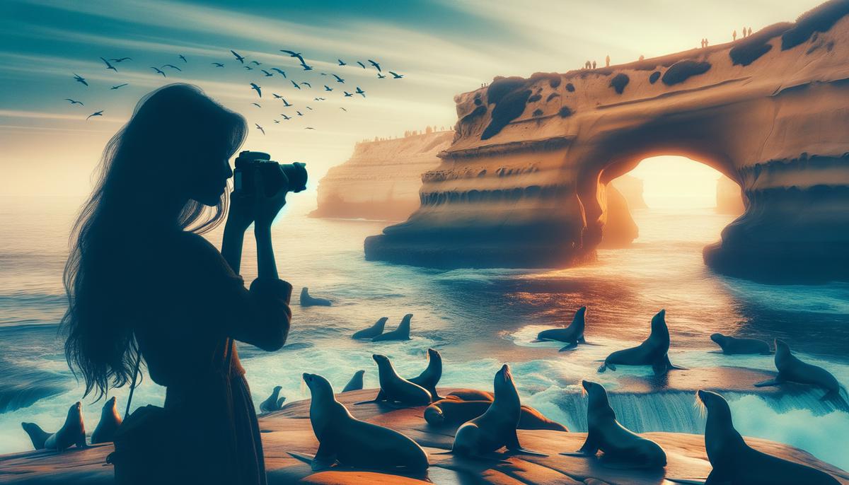 A photographer capturing sea lions at La Jolla Cove with dramatic cliffs and blue ocean in the background