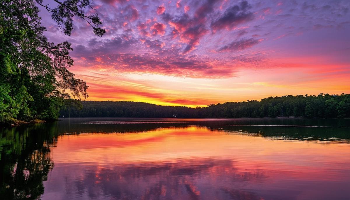 A scenic view of Lake Beaverfork in Conway at sunset, with calm waters reflecting the colorful sky