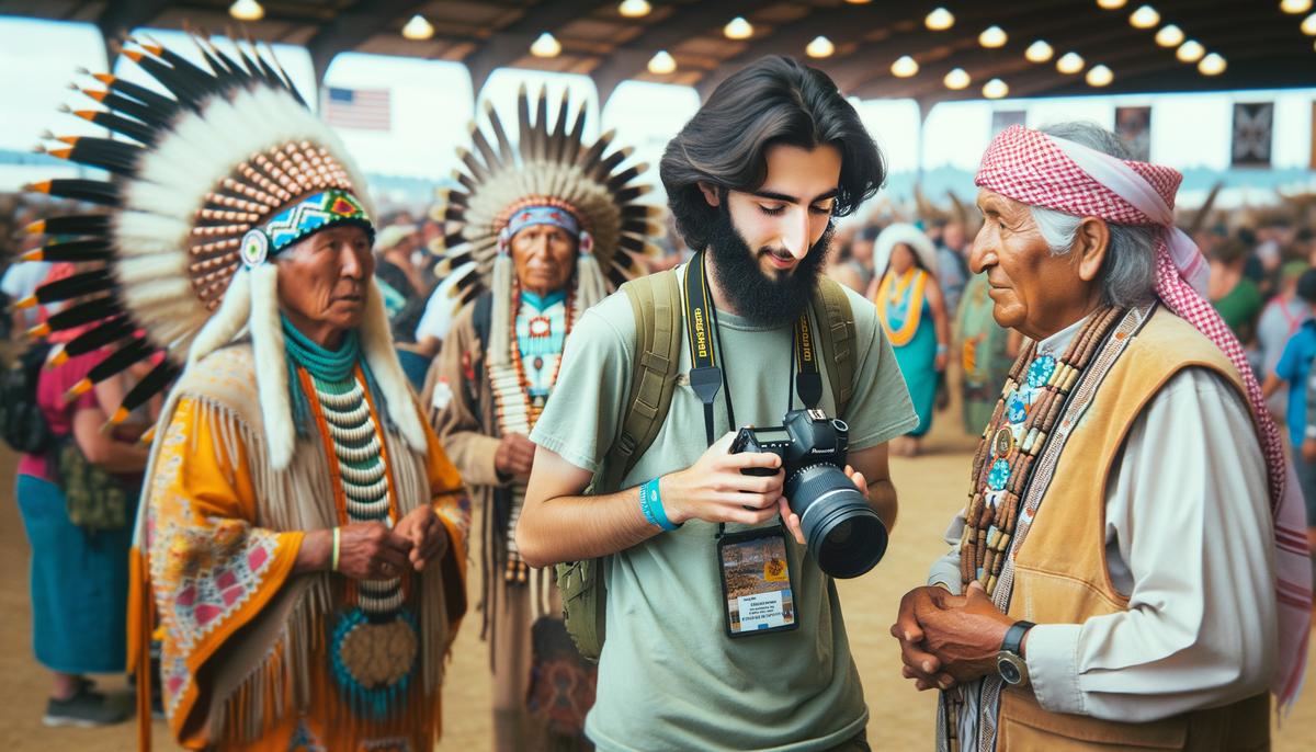 A photographer engaging with Indigenous participants at the Land Back Festival in Portland
