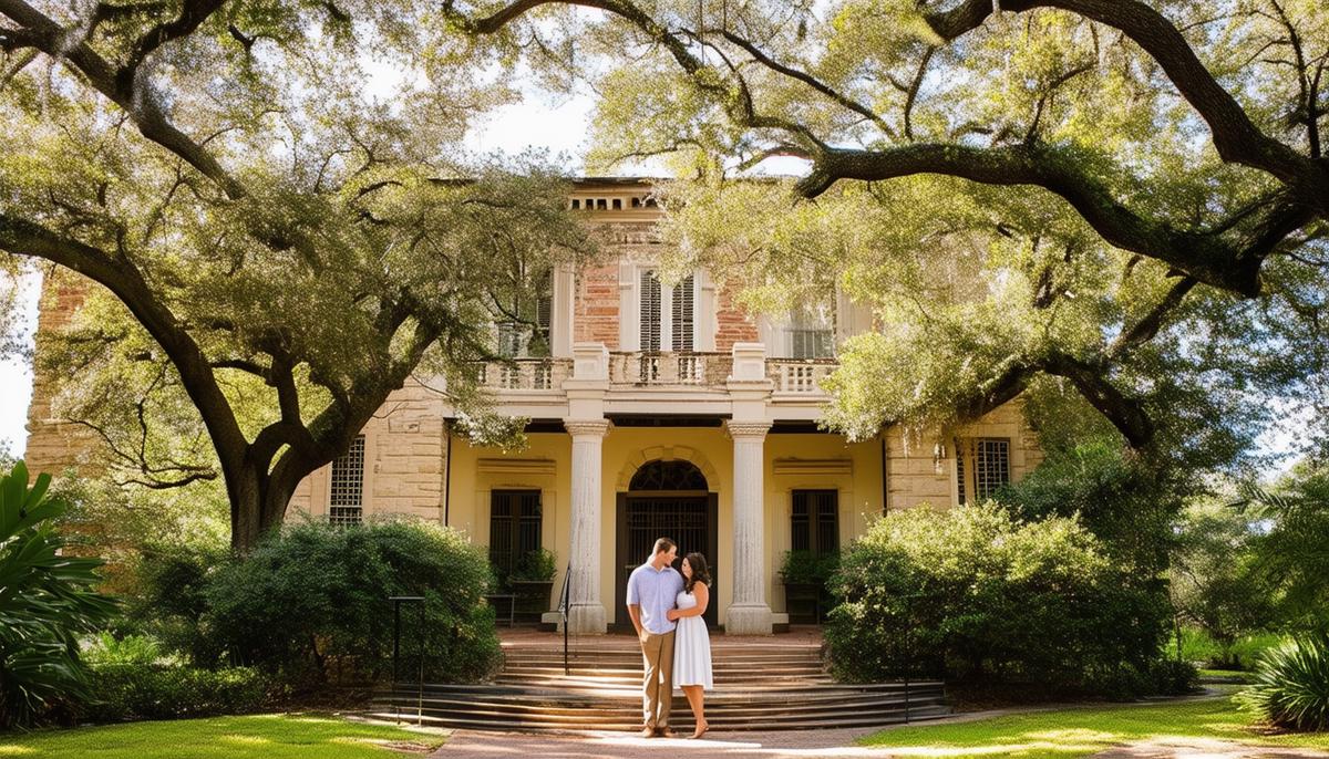 A charming, historic building surrounded by lush gardens and towering trees at the Landa Library in San Antonio, creating a picturesque and tranquil setting for an engagement photo shoot.