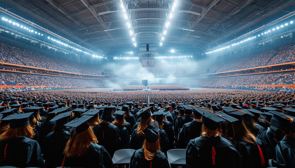 A vast graduation ceremony taking place in a large stadium venue