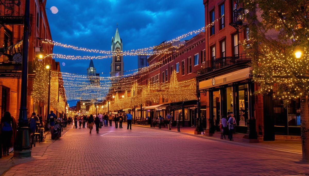 Larimer Square at night with string lights illuminating the historic buildings and lively street scene