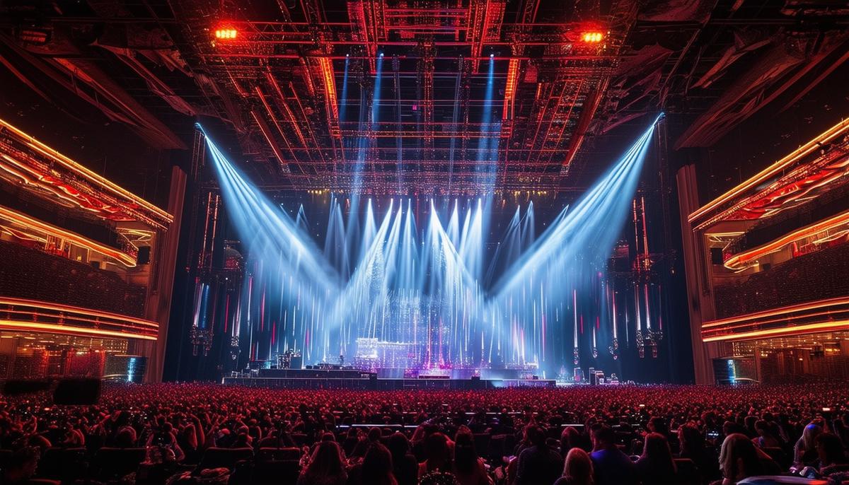 Interior of a large Las Vegas concert venue, showcasing the stage setup and intricate lighting system.