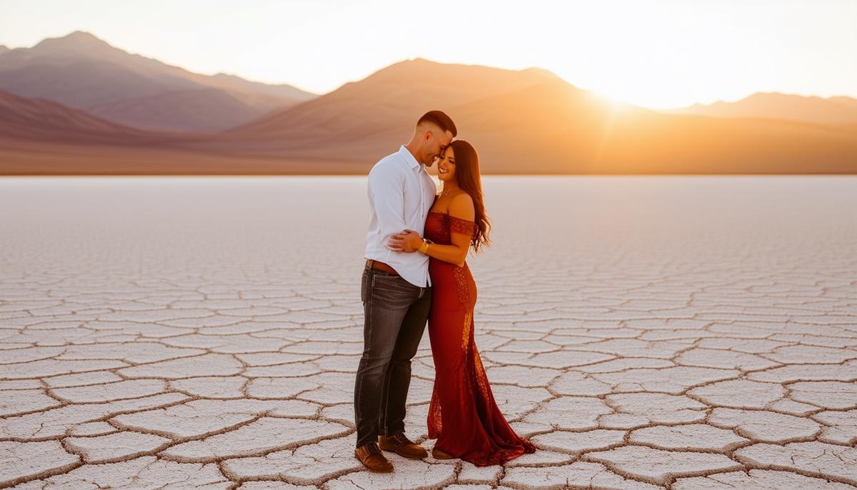 A couple posing for engagement photos at the El Dorado Dry Lake Bed in Las Vegas during golden hour