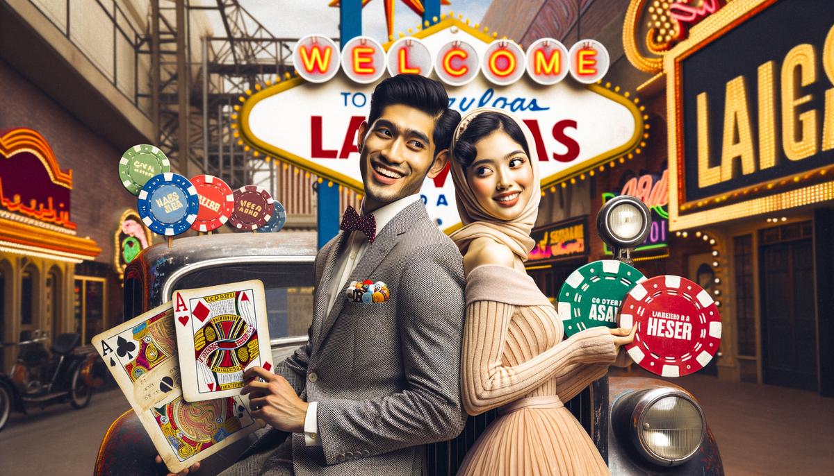 A couple incorporating vintage Las Vegas themed props into their engagement photo shoot