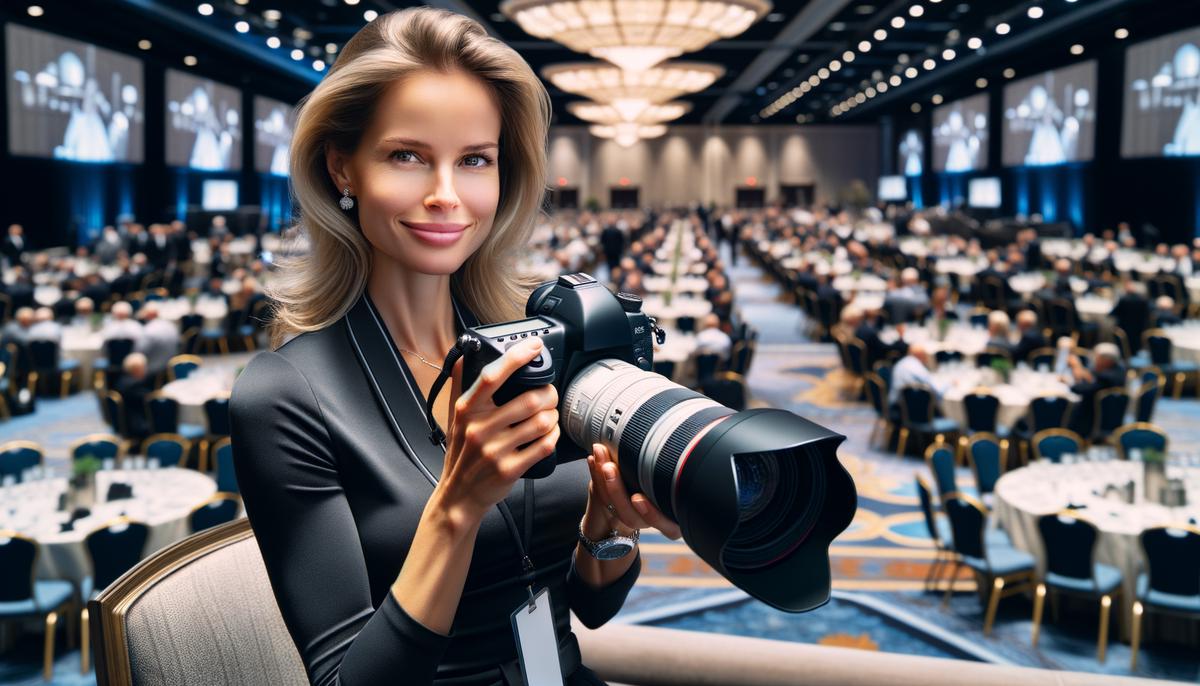 A Las Vegas event photographer showcasing their professionalism and expertise at a high-stakes corporate gathering, employing high-powered cameras and lenses to capture the perfect moments.