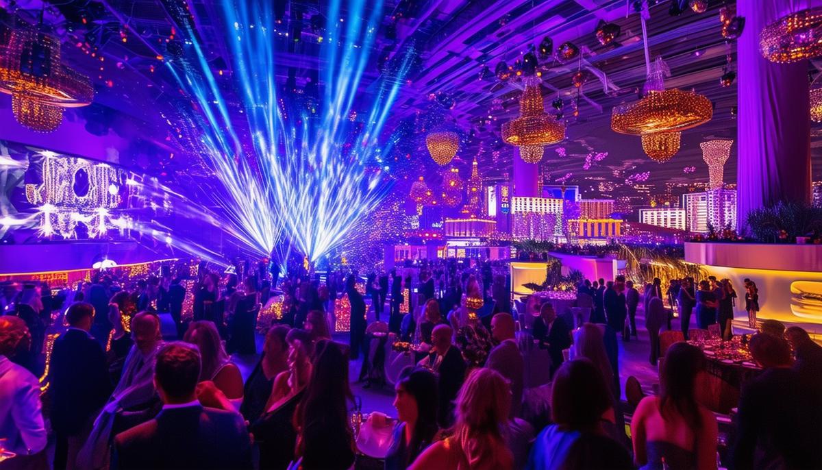 A dynamic image of a corporate event in Las Vegas, showcasing the energy and excitement of the attendees and the vibrant d&eacute;cor.