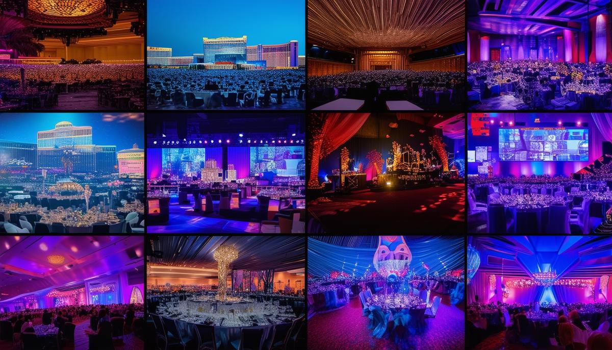 A collage showcasing the scope of Las Vegas event videography services, including scenes from multi-day event coverage, live streaming, and specialized photography.