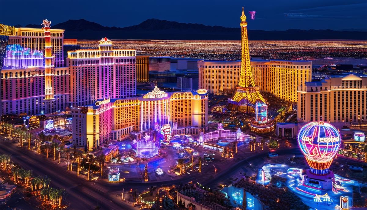 A map of Las Vegas highlighting the best locations for night photography, including the Bellagio, Paris Las Vegas, and the Neon Museum