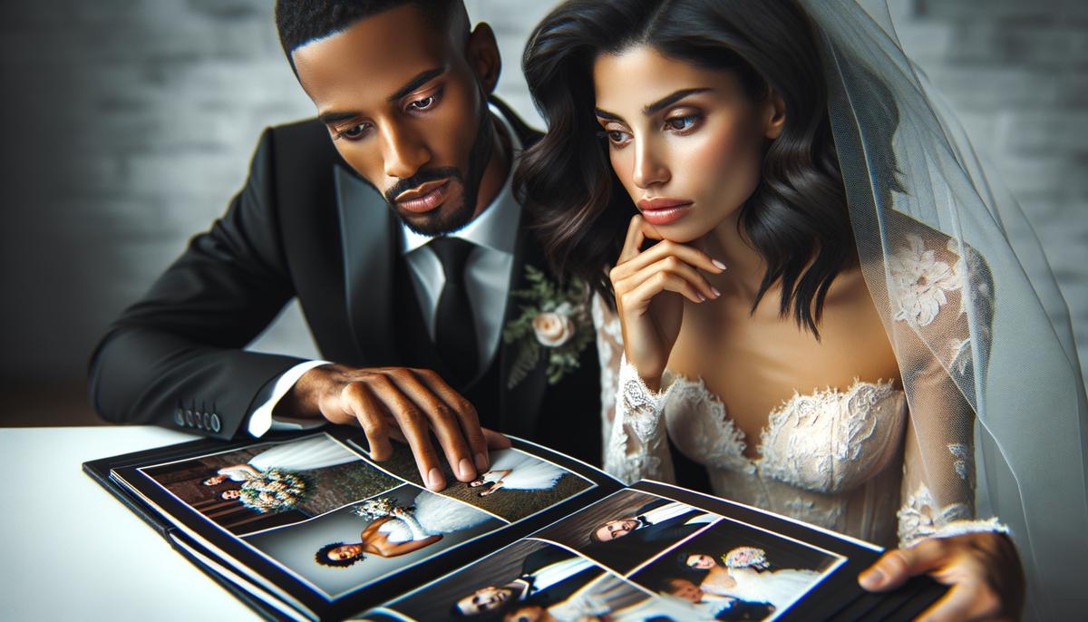 A thoughtful bride and groom reviewing the portfolio of a potential Las Vegas wedding photographer, carefully considering the artistic style and quality of the images.