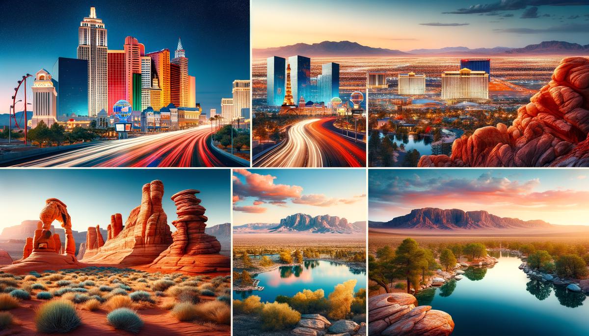 A montage of stunning Las Vegas wedding photography locations, from the vibrant Strip to the serene desert landscapes, showcasing the diverse and memorable backdrops the city has to offer.