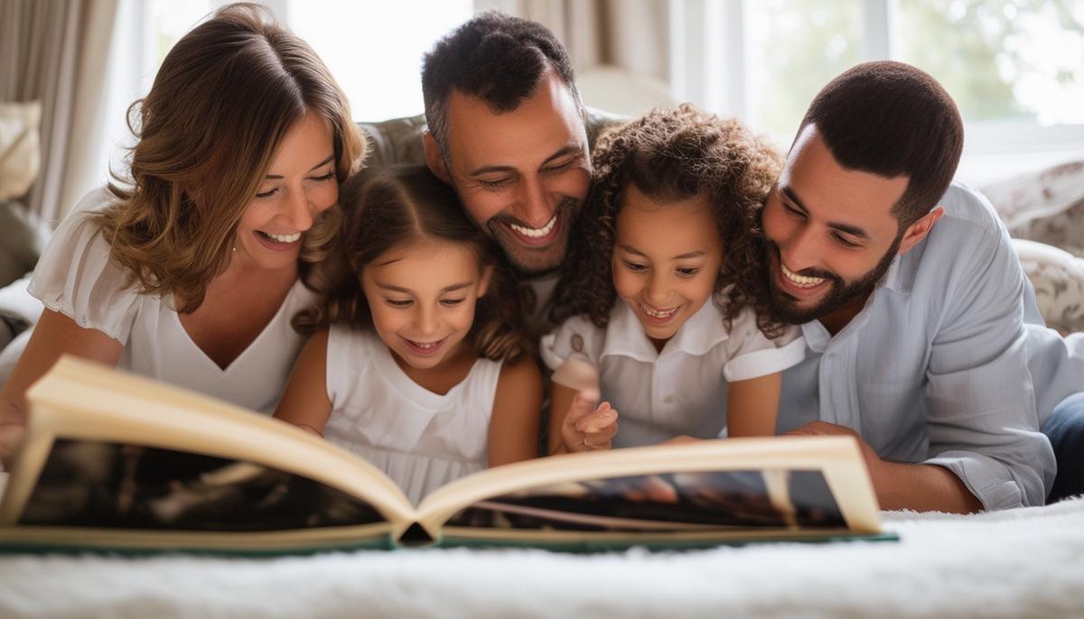 A family joyfully looking through a professional photography album, capturing the timeless value and cherished memories that investing in event photography provides.
